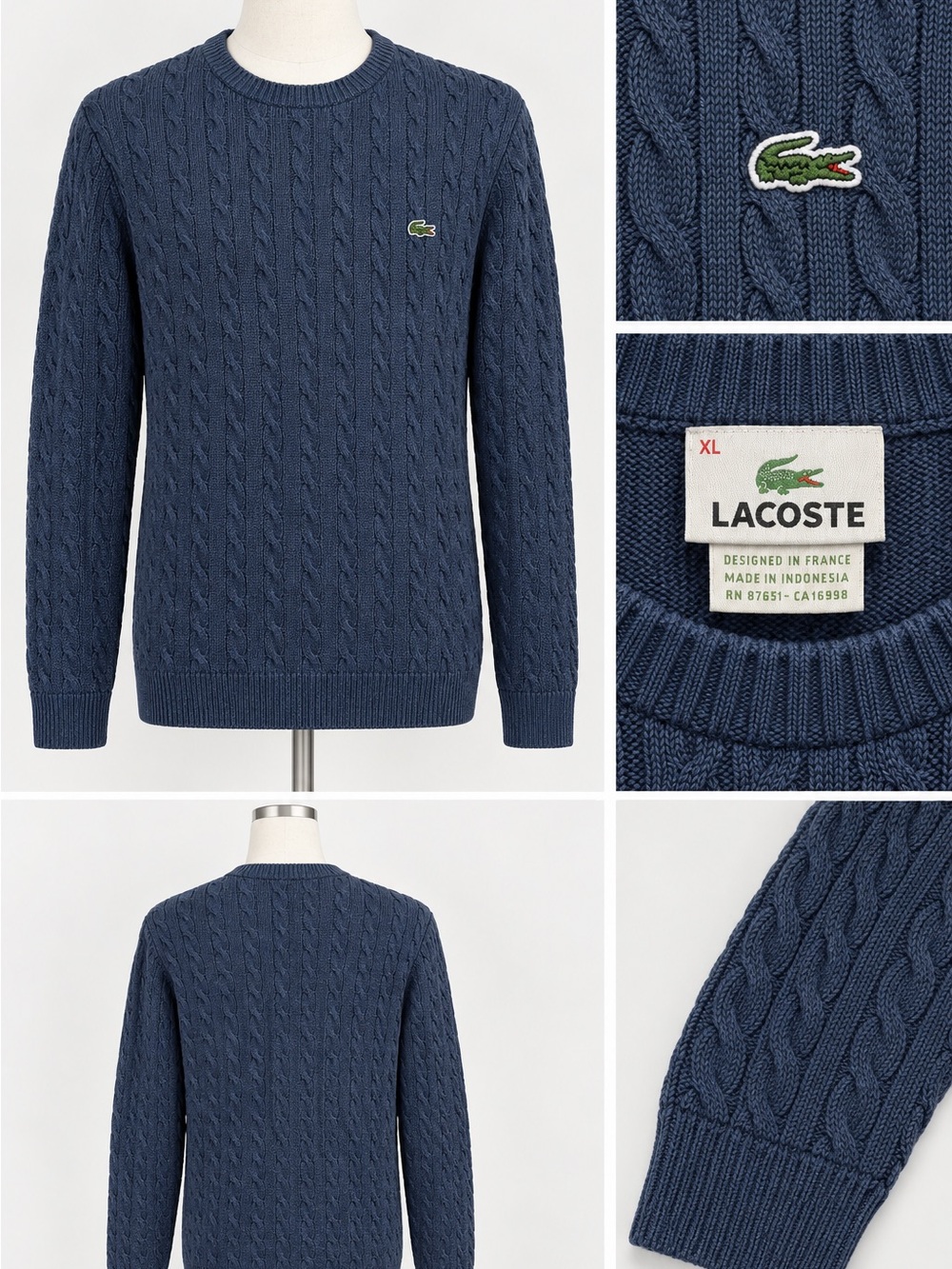 Lacoste Men's Blue Cable-Knit Crewneck Sweater Embroidered Croc Preppy Size XL